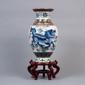 Large Chinese Cloisonné Vase with Dragon & Flaming Pearl Motif on Wooden Stand
