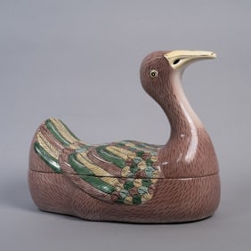 Large Chinese Export Style Famille Rose Porcelain Duck Tureen with Turquoise Interior