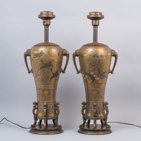 Pair of Mixed Metal Inlay Meiji Japanese Bronze Vases Fitted as Lamps with Crane Decoration