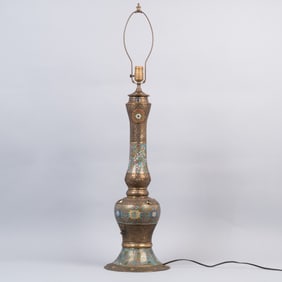 Antique Chinese Champlevé Cloisonné and Bronze Lamp with Cabochon Inset
