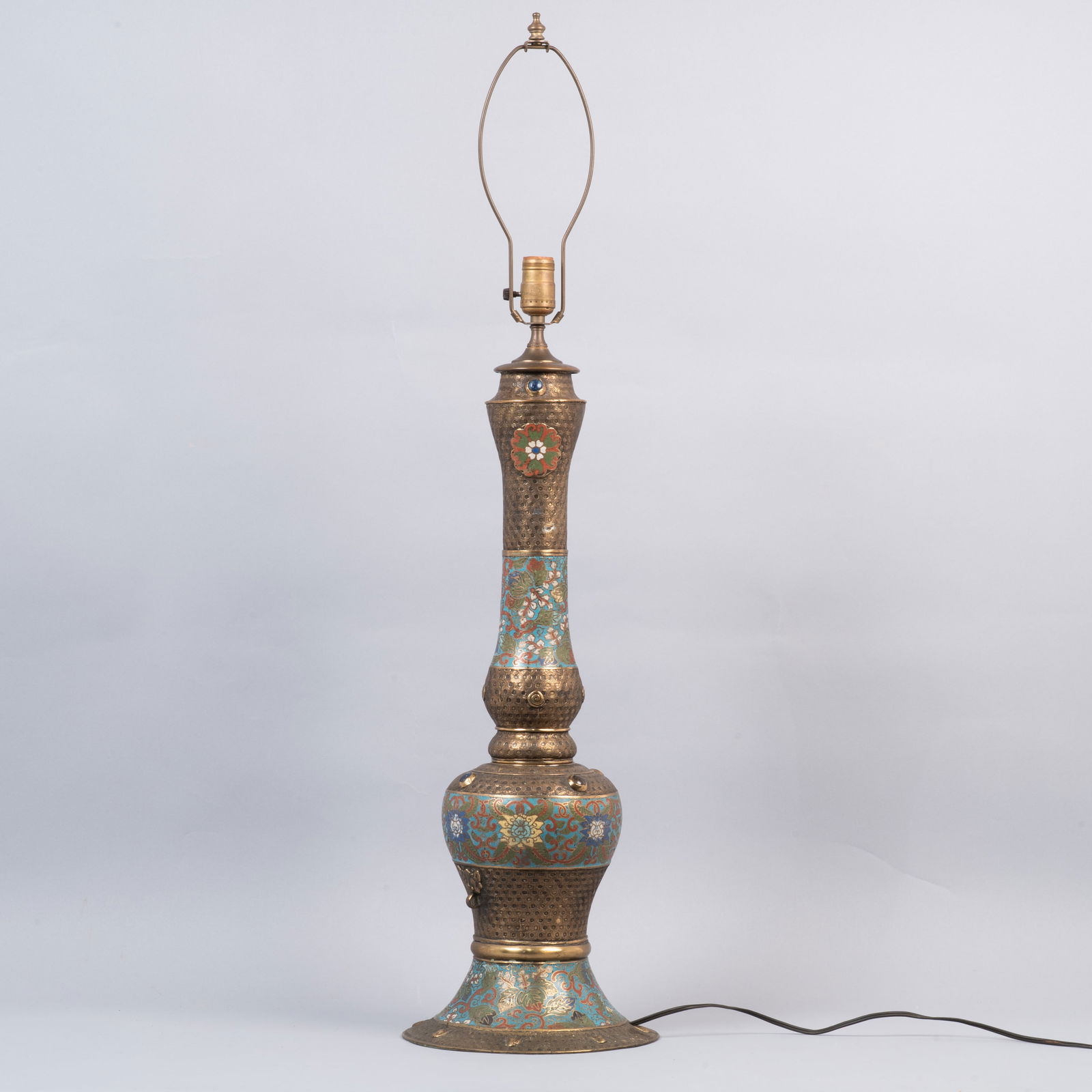 Antique Chinese Champlevé Cloisonné and Bronze Lamp with Cabochon Inset (1 of 9)