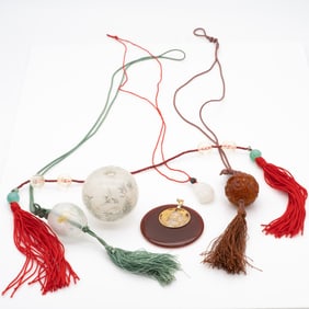 Asian Pendant Necklace lot Incl Jade Carnelian and Reverse Painted Glass