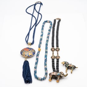 Lot of Chinese Cloisonné and Enamel Jewelry and Figure Pendants Incl Onyx