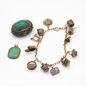Chinese Export Silver Filligree Charm Bracelet, Small Box and Pendant Incl Jadeite and Serpentine