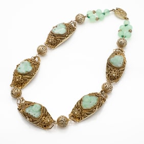 Chinese Carved Jade and Gilt Sterling Silver Filigree Buddha Necklace