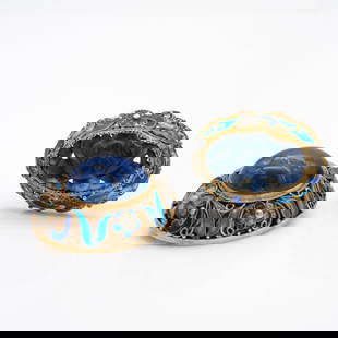 Chinese Gilt Silver Filigree Ring and Brooch with Lapis Cabochons and Enamel Floral Motif: Lot 171 Chinese Gilt Silver Filigree Ring and Brooch with Lapis Cabochons and Enamel Floral Motif Description: Each item is centered with a lapis lazuli cabochon, The ring is carved, mounted in a gilt