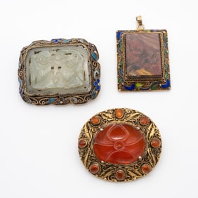 Group of Three Chinese Silver Filigree and Enamel Brooches and Pendant Incl Jade and Carnelian
