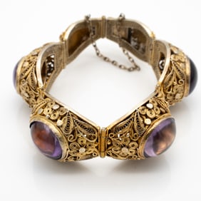 Chinese, Amethyst, Silver Guilt Filigree Bracelet