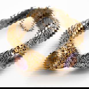 Chinese, Amethyst, Silver Guilt Filigree Bracelet: Lot 174 Chinese, Amethyst, Silver Guilt Filigree Bracelet Material: Amethyst, Silver Provenance: From a Private Collection in Upstate New York, with the Jade and Hardstone Carvings Acquired During th