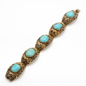 Chinese Turquoise and Silver Filigree Bracelet