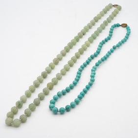 Pair of Chinese Beaded Necklaces, Carved Melon-Form Jade and Turquoise Beads