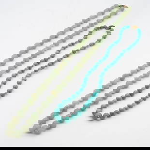 Pair of Chinese Beaded Necklaces, Carved Melon-Form Jade and Turquoise Beads: Lot 177 Pair of Chinese Beaded Necklaces, Carved Melon-Form Jade and Turquoise Beads Description: A pair of vintage necklaces with carved and polished hardstone beads: Jade Melon-Form Beads: Composed