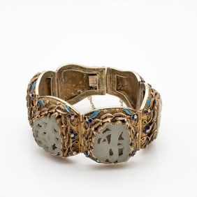 Chinese Silver Enamel Filigree and Carved Jade Floral Bracelet