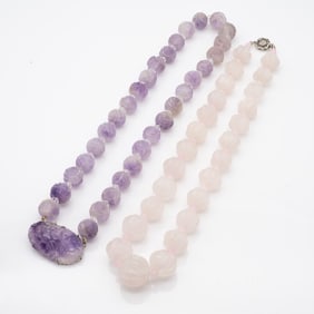 Pair of Carved Chinese Amethyst and Rose Quartz Bead Necklaces