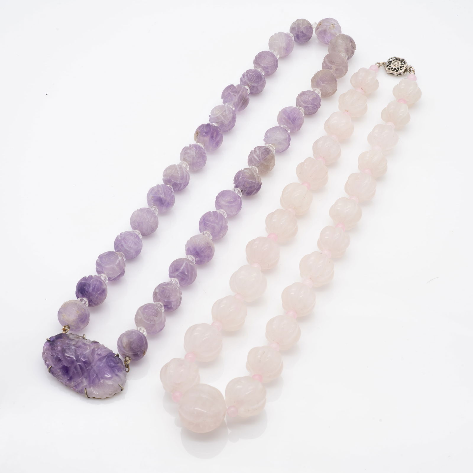 Pair of Carved Chinese Amethyst and Rose Quartz Bead Necklaces (1 of 4)