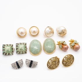 Vintage Earring Lot of 7 incl. Jacqueline Kennedy, Givenchy, Faux Pearl & Jade Style Pairs