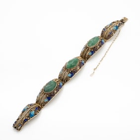 Chinese Silver Filigree Enamel Hardstone Bracelet