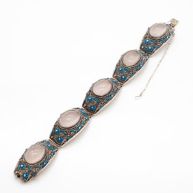 Chinese Silver Filigree, Enamel, and Rose Quartz Bracelet
