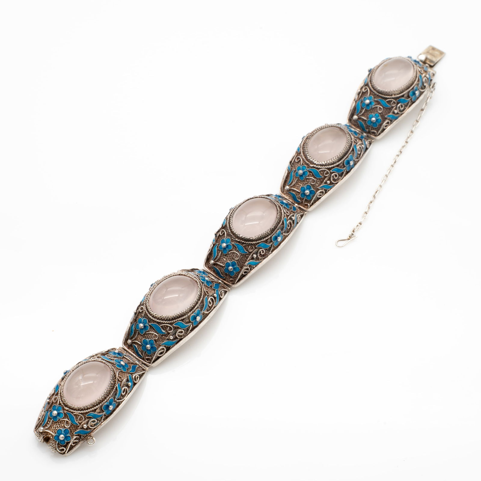 Chinese Silver Filigree, Enamel, and Rose Quartz Bracelet (1 of 3)