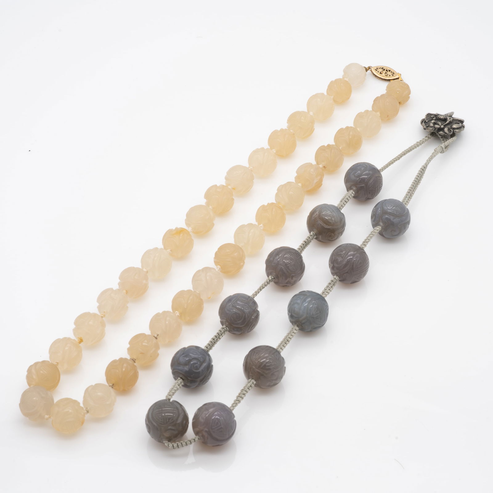 Two Carved Chinese Jade Bead Necklaces with Longevity Symbols (1 of 3)