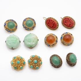 Group of 6 Pairs of Chinese Carved and Cabochon Stone Earrings Incl Jadeite Turquoise