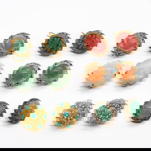 Group of 6 Pairs of Chinese Carved and Cabochon Stone Earrings Incl Jadeite Turquoise: Lot 187 Group of 6 Pairs of Chinese Carved and Cabochon Stone Earrings Incl Jadeite Turquoise Description: Comprising 6 pairs of earrings, including carved jadeite faces, carved red cinnabar ovals, ca