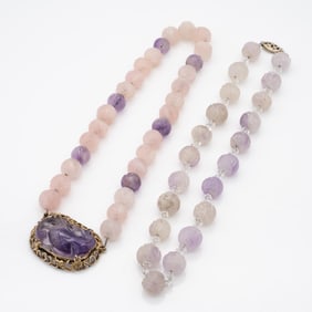 Pair of Carved Chinese Amethyst and Rose Quartz Necklaces
