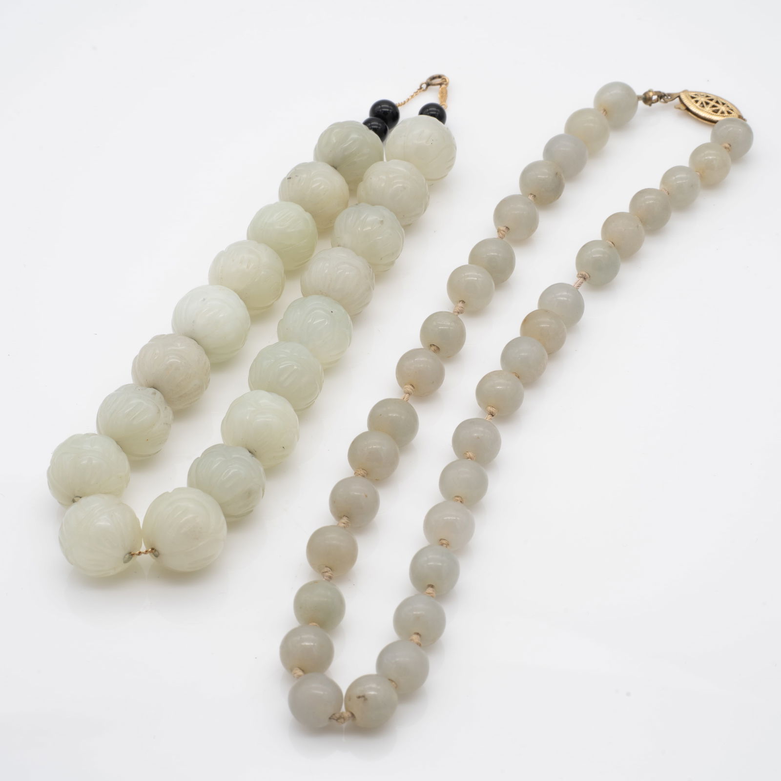 Pair of Chinese Light Green Jade Bead Necklaces, incl 14K Gold (1 of 4)