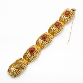 Chinese, Carnelian Silver Gilt Filigree Bracelet