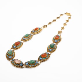 Chinese Silver Filigree, Carnellian, Serpentine, Rose Quartz, and Enamel Necklace