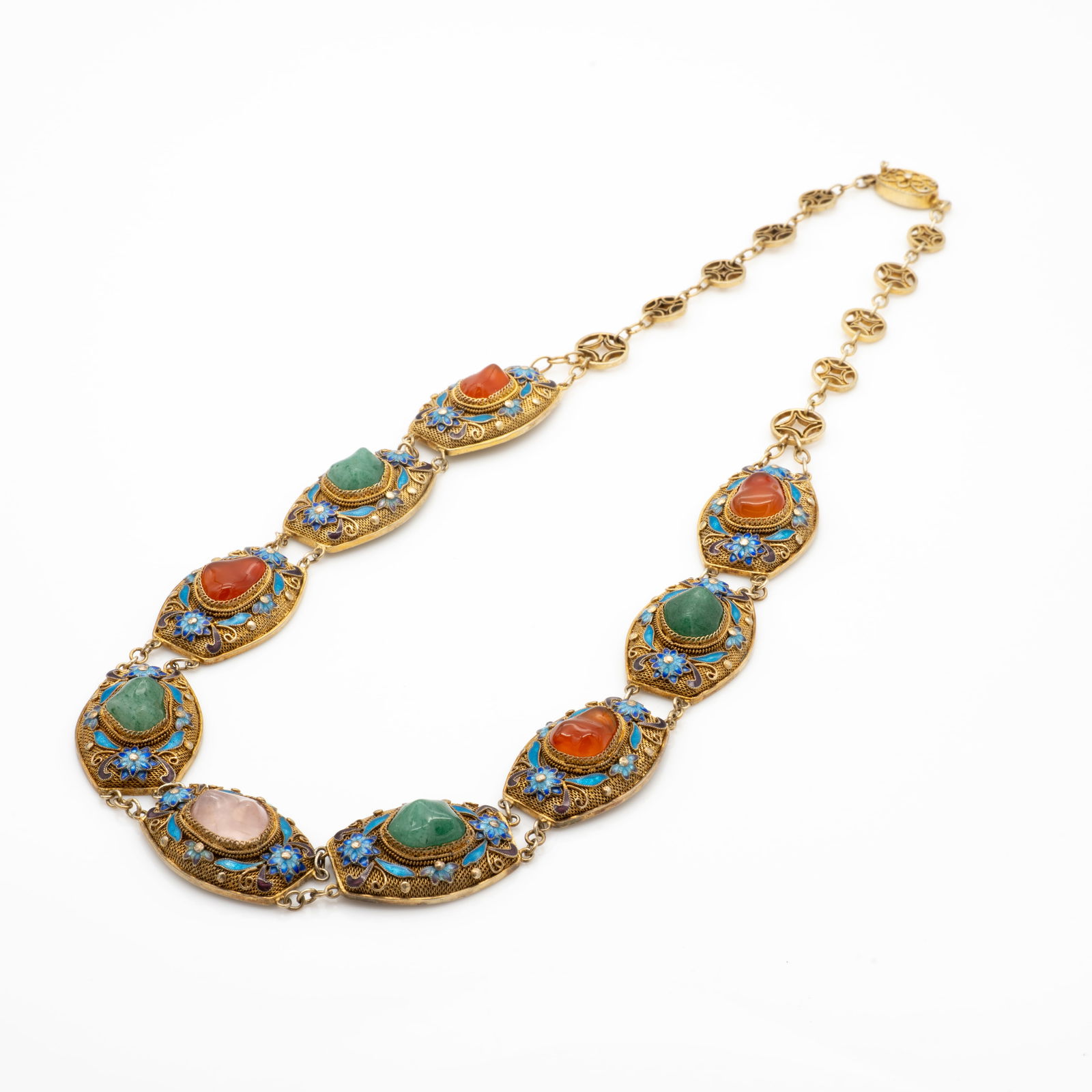 Chinese Silver Filigree, Carnellian, Serpentine, Rose Quartz, and Enamel Necklace (1 of 5)