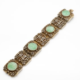 Chinese Carved Jade and Silver Filigree Bracelet