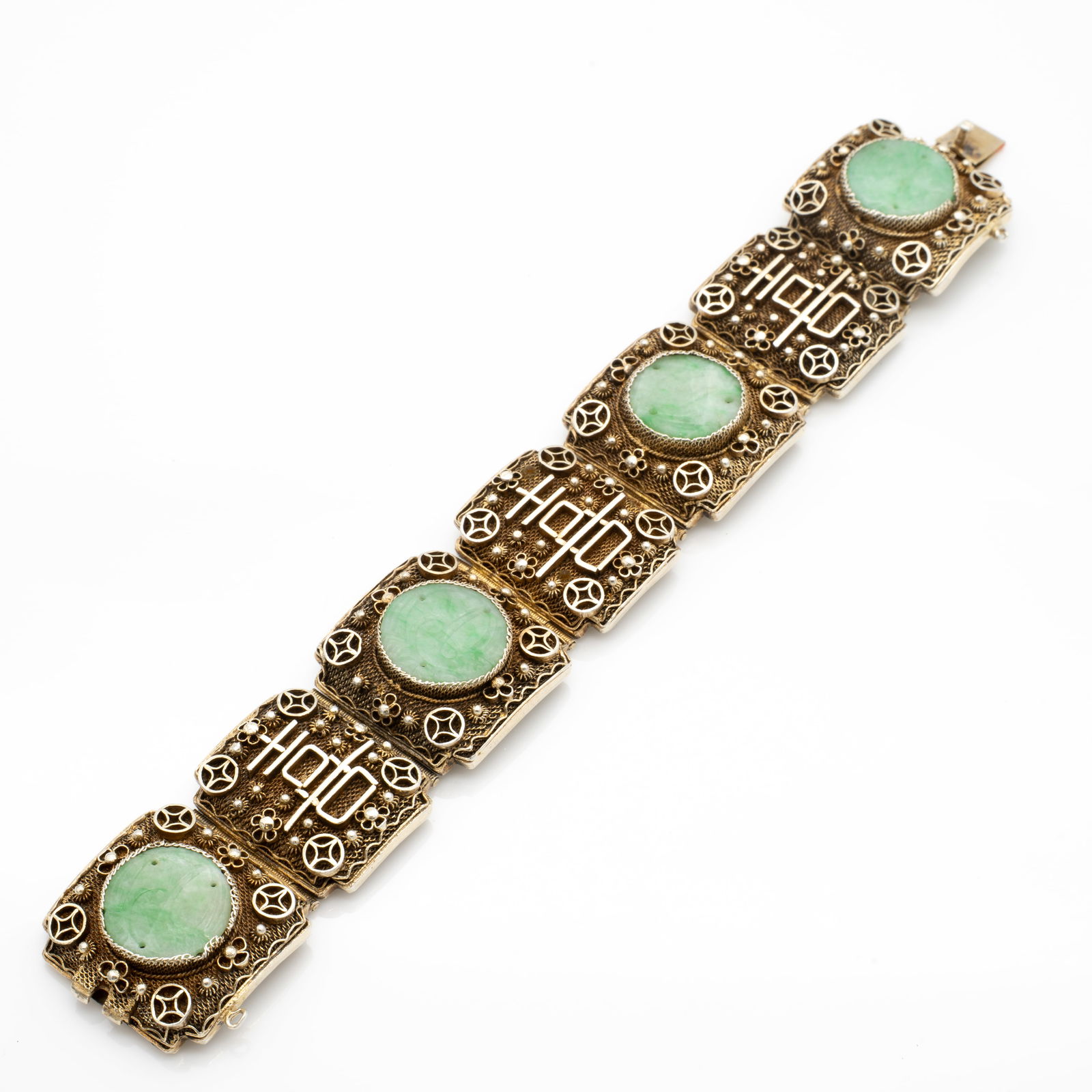 Chinese Carved Jade and Silver Filigree Bracelet (1 of 5)