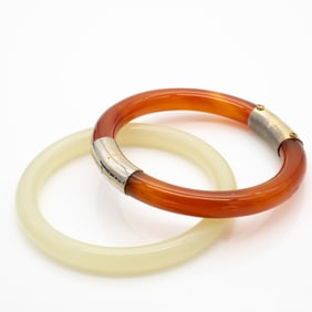 Two Chinese Bangle Bracelets Carnellian, and Serpentine