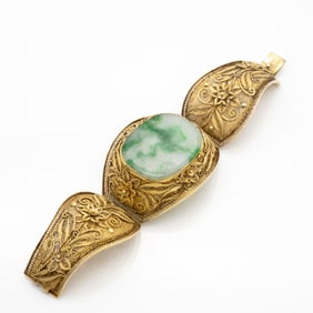 Large Chinese Silver Filigree and Jade Bracelet
