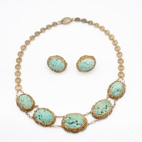 Chinese Silver Filigree Carved Turquoise Flying Crane Necklace and Earrings Suite
