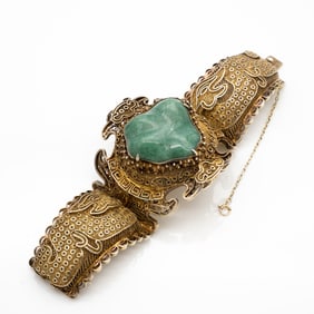 Large Chinese Silver Filigree and Serpentine Bracelet