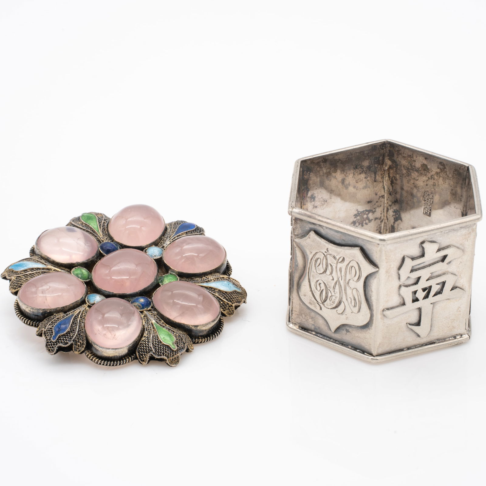 Chinese Export Silver Napkin Ring & Silver Filligree Rose Quartz Brooch (1 of 5)