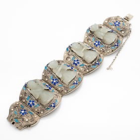 Chinese Silver Enamel Filigree and Carved Jade Figural Bracelet