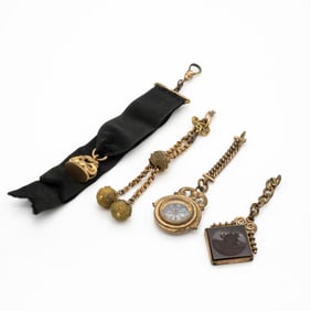 Group of 4 Antique Gold GF Watch Accessories Including Compass Fob