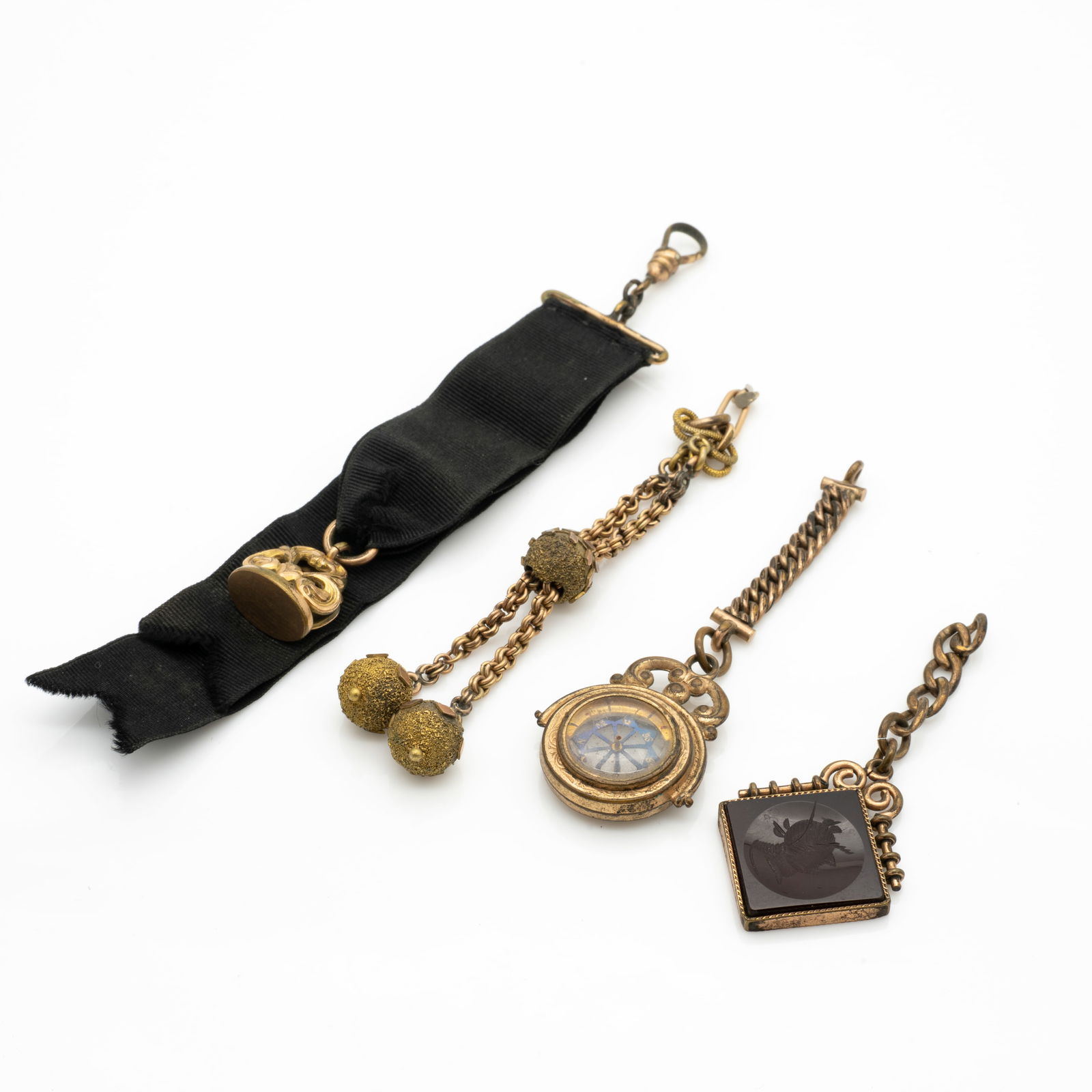 Group of 4 Antique Gold GF Watch Accessories Including Compass Fob (1 of 5)