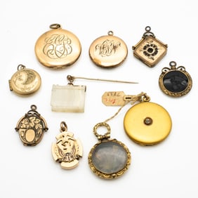 Collection of 10 Antique Gold GF Lockets and Fobs Incl Photos, Inscriptions & Price Tag