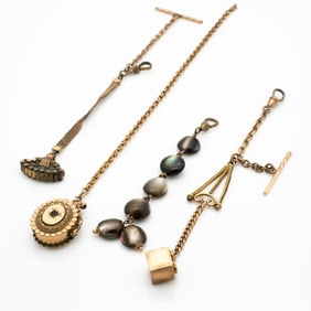 Group of Four Antique Gold GF Watch Fob Chains with Charms