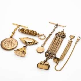 Group of 10 Antique Gold-Filled Victorian Watch Chains and Fobs