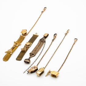 Group of 6 Antique Victorian Gold GF Watch Chains with Vest Clips