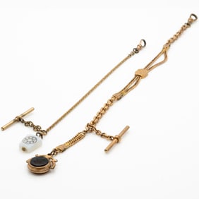 Group of 2 Antique Gold GF Watch Chains with Charms