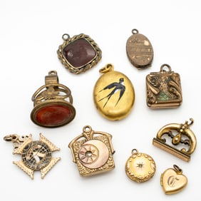 Group of 10 Antique Gold GF Charms and Lockets Incl Enamel Bird