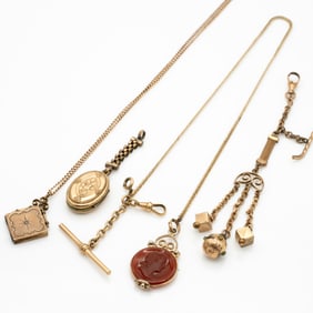 Group of 4 Antique Victorian Gold GF Watch Chains with Lockets and Intaglio Pendant