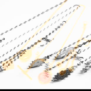Group of 4 Antique Victorian Gold GF Watch Chains with Lockets and Intaglio Pendant: Lot 216 Group of 4 Antique Victorian Gold GF Watch Chains with Lockets and Intaglio Pendant  Description: This lot includes three antique watch chains featuring gold-filled locket and pendant attachme