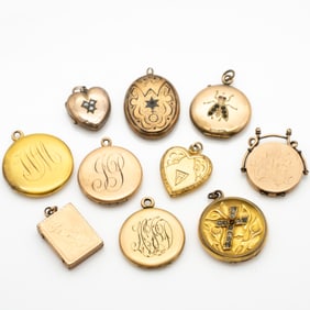 Collection of 10 Antique Gold GF Lockets Incl Insect and Grandpa Locket